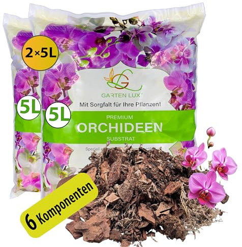 Garten Lux Terriccio per orchidee, 10 litri, 6 componenti, substrato per orchidee per una crescita sana e una cura ottimale delle piante di orchidea per tutti i tipi di orchidee