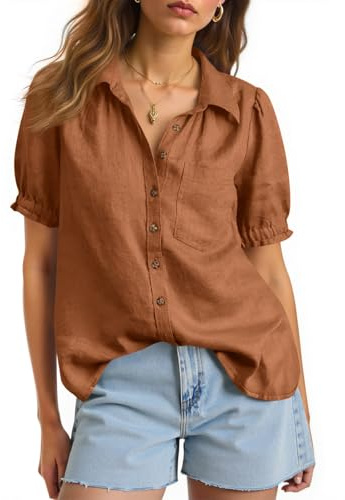 Cicy Bell Womens Puff Short Sleeve Button Down Shirts Summer Casual Collared V Neck Blouse Linen Loose Fit Work Tops Brown