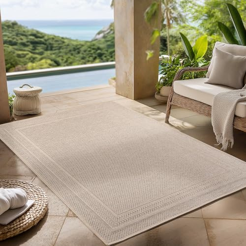 Carpettex Outdoor Teppich wetterfest Beige 280x370 cm, UV-beständig, ideal für Küche, Balkon, Terrasse, Garten auch Wohnzimmer und Esszimmer, Einfarbiges Design mit Bordüre