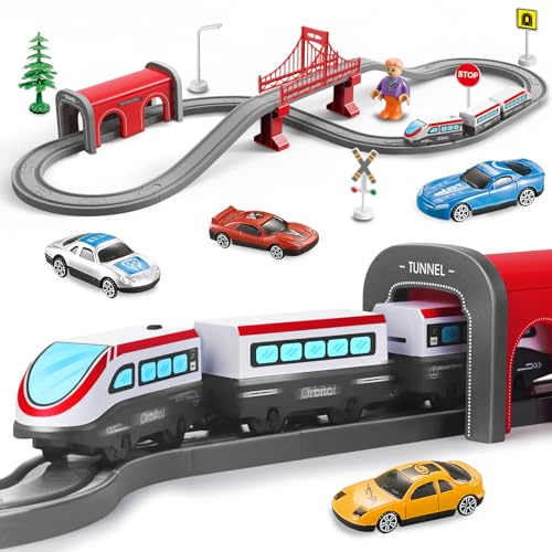 Juego de Vehículos Ferroviarios Eléctricos para Niños, Set de Juguetes de Tren de 67 Piezas con Pista Operada y Figuras, Ocho Pistas Magnéticas, Compatible con Brio, Regalo para Niños de 3, 4, 5, 6, 7