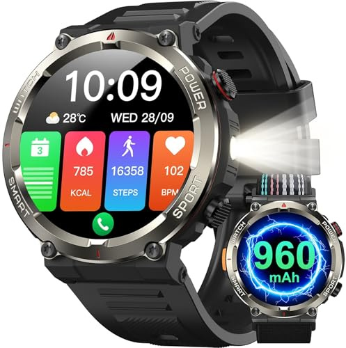 Military Smart Watch for Men Answer/Make Call,1.45 HD Fitness Watch with Flashlight,Compass,Heart Rate SpO2 Sleep, Smartwatch for iOS Android,120+ Sports,960mAh Battery,IP68 Waterproof Step Counter