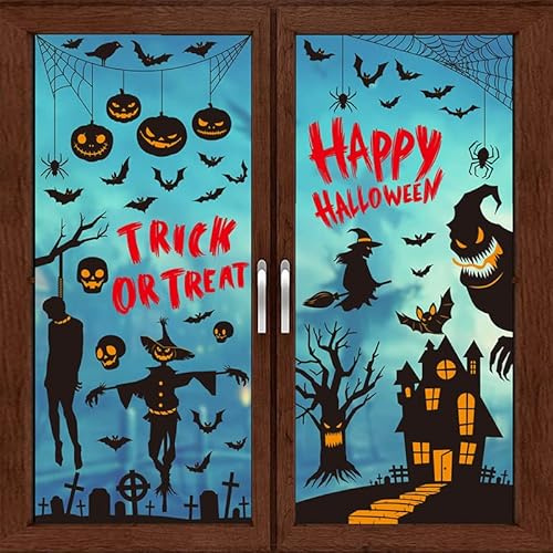 Halloween Deko Fensteraufkleber Wiederverwendbar mit 87 Grusel-Motiven Kürbis Spinnennetz Fledermaus Skelett Geister Fensterbilder für HalloweenParty, Kinderzimmer, Fensterdeko