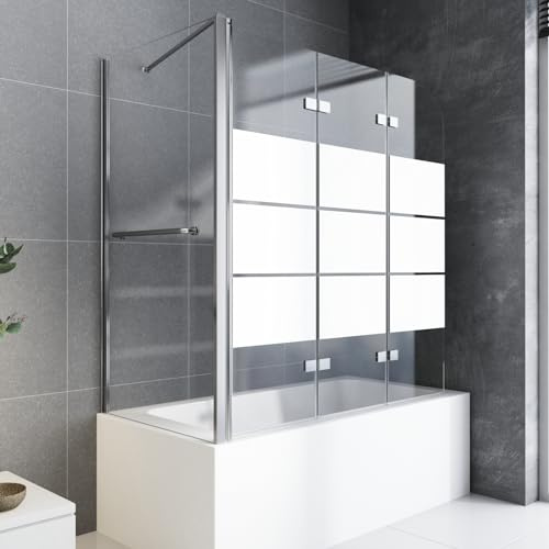 Badewannenaufsatz Duschabtrennung 70x120x140 cm mit Seitenwand 6mm Nano Glas Badewannen Duschwand Faltbar Gestreift Badewannenaufsatz Badewanne Duschtrennwand 3-teilig Faltwand