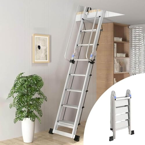 Misorat Dachbodentreppe Metall-Dachbodenleiter für Zweistöckiges Haus, Dachbodentreppe, Klappbare Trittleiter, Feuerleiter für Wohnungen, Robuste Dachbodentreppen-Sicherheit 8-10 Step,9 Step