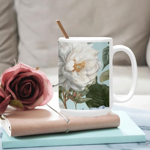 qenuh White Blue Hydrangea Flower Ceramic Mugs Coffee Cup Smooth Glaze Finish 15 oz Classic Tea Cup for Hot Drinks, Office/Home Use