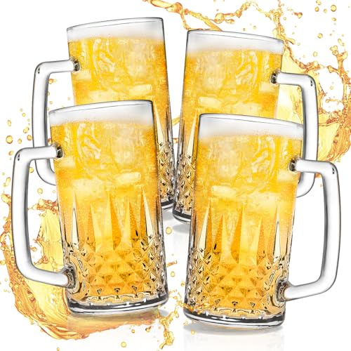 Cambareign Taza de cerveza de 20 onzas, paquete de 4 tazas de cerveza de vidrio para congelador, jarras de cerveza grandes transparentes con asa, regalos para hombres