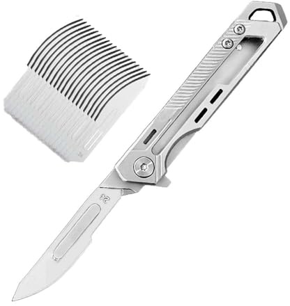 Joa Klappmesser Skalpell mit 20 auswechselbare Klingen Figur 24, Taschenmesser EDC messer outdoor Schlüsselanhänger multi Universalmesser, silber edelstahl messer mini