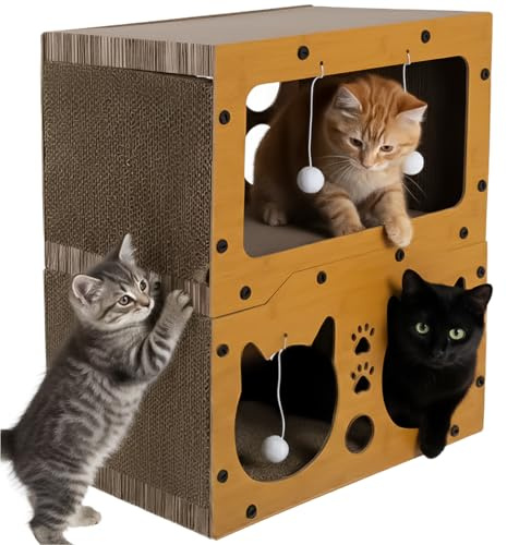 Purlov Katzen Kratzhaus 3-in-1 mit 2 Etagen – HDF & extra Feste Wellpappe, Kratzmöbel & Liegeplatz für 1–2 Katzen, 4 Spielbälle, stabil & rutschfest, 51,5 × 45,5 × 28 cm, Eco-Design
