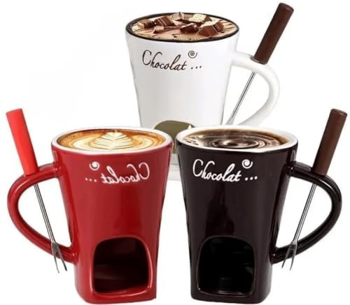 SONGDIQI Tasse à Fondue au Chocolat, Service à Fondue en céramique avec Fourchette, Tasse à Fondre Le Fromage, Tasse chauffante au Beurre, Casserole chauffante avec Bougie Chauffe-Plat(3-in-1)