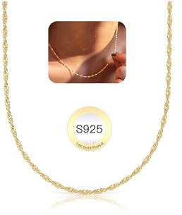 HARJJME Singapore Twist Necklace Chain for Women - 925 Sterling Silver 14K Gold Plated Thin Necklaces | Waterproof & Non Tarnish | Simple Minimalist Jewelry Gift for Her
