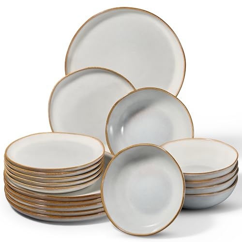 Onader 18 Piece Reactive Glaze Dinner Set for 6 People, Grey White | Porcelain Dinner Sets, Irregular Round Stoneware Dinnerware Service for 6, Plates and Bowls, Dishwasher & Microwave Safe