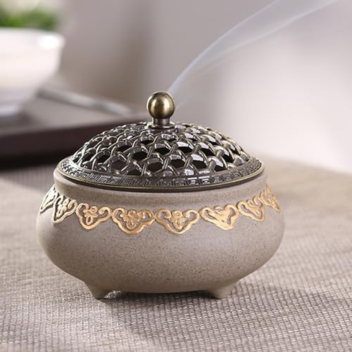 Vintage Keramik Räuchergefäß Weihrauchbrenner Rund Chinesisch Porzellan Räucherschale mit Metall Deckel für Home Wohnzimmer Meditationsraum Office Deko (Jinxiang-Muster + Beige)