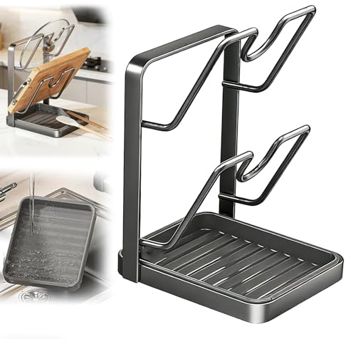 LEEWENYAN Topfdeckelhalter, Topfdeckel Organizer Küchenregal, Topfdeckelhalter mit Löffelablage, 2-in-1aufbewahrungsregal für Küchen-Topfdeckel, Für 16-34cm Topfdeckel