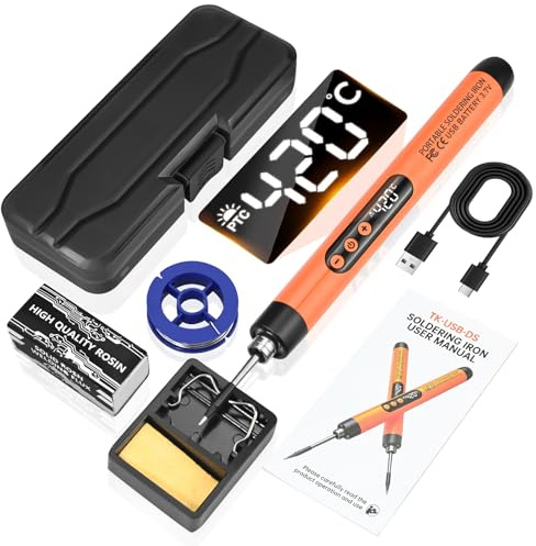Cordless Soldering Iron Kit with LCD Display - Rechargeable USB C Soldering Iron Adjustable Temperature 260℃-420℃,Portable Soldering Irons 1000mAh WeldingKit,Electric Soldering Irons Pen (Orange)