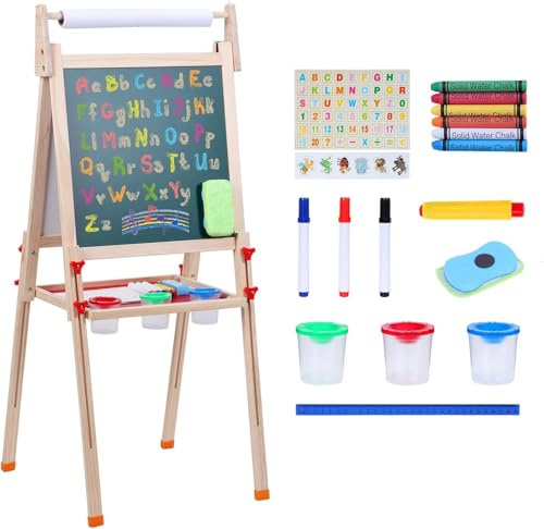 Dry Erase Easel for Kids - Foldable Toddler Art Easel Height Adjustable Chalkboard & Magnetic Double Whiteboard with Paper Roll and Accessories for Boys Girls Ages 2-12 Years Old Gift Wooden 1 Set