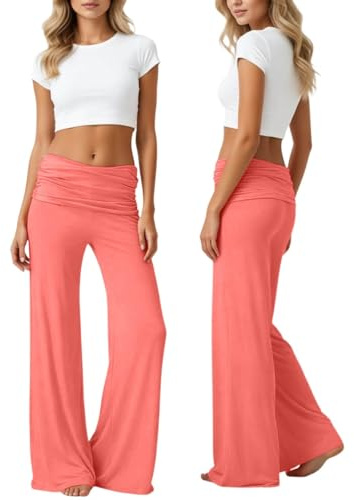 Pantaloni Yoga Donna Corallo Fluido Pantaloni con risvolto Chic ed Elegante Vita Alta Elasticata Jogging Gambe Larghe Leggero Pantaloni Estivi Primavera Palazzo Y2k Pantaloni per Sport Pilates