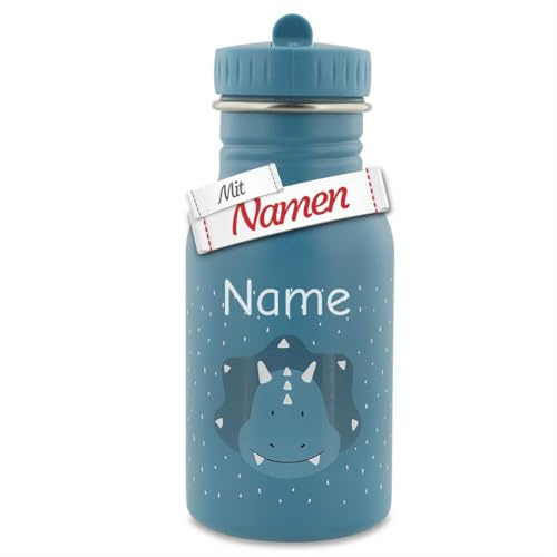 Trixie Kinder Trinkflasche mit Gravur, Dinosaurier, Mr. Triceratops - mit Namen graviert, Edelstahl 350 ml, matt, rund, spülmaschinenfest - für Kita Schule Reisen, Geschenk