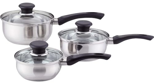 Stainless Steel Saucepan Set 6pc, Cooking Pots 14cm 16cm 18cm with Tempered Glass Lids, Encapsulated Bottom Kitchen Cookware with Stay Cool Bakelite Handles