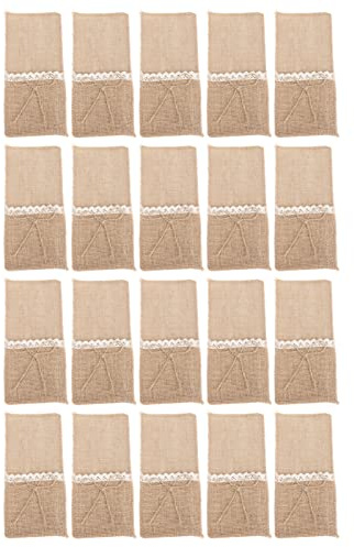 20 Stück Juteservietten-Tablett-Halter, Spitzen-Bestecktasche für Hochzeitsfeier, Jute-Besteckhalter mit weißem Spitzenbesatz, rustikales Landhausdekor für Thanksgiving und