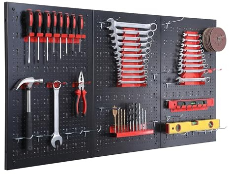 Panneaux à outils Relaxdays, 3 panneaux perforés, noir/rouge