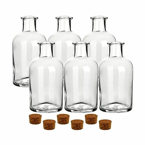gouveo Lot de 6 bouteilles en verre 500 ml apothicaire rondes avec bouchon liège (PK) - Bouteille 0,5 l à remplir et offrir - Bouteille vide pour gin, liqueur, eau-de-vie, huile, vinaigre (AFRT500PK)