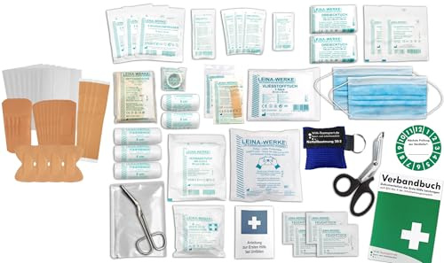 Komplett-Set Erste-Hilfe - aktuelle DIN 13157 PLUS 1B für Betriebe + ZUSÄTZL. 1x Pflasterset (28-teilig) + Notfallbeatmungshilfe & Verbandbuch