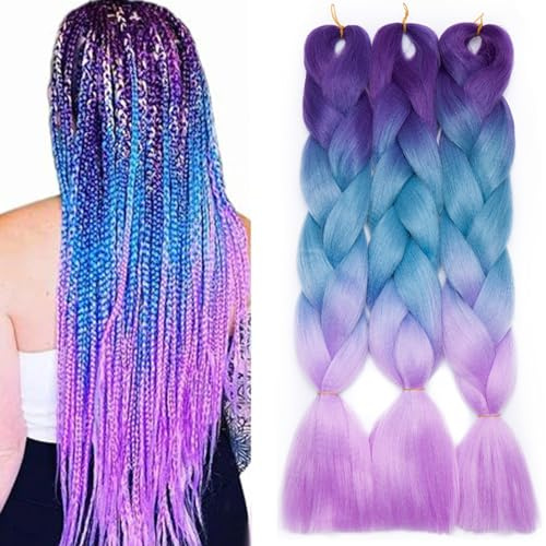 TESS Meches pour Tresses Africaine, Meche Cheveux Tresse Cheveux Rajout Meches Pour Tresses Braid Pré éTiré 100g 1 Paquets 60cm Violet/bleu/violet