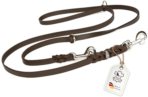Hundeleine Leder 2m mittelgroße Hunde Fettlederleine [3-Fach Verstellbar] Lederleine geflochten – robuste Leine Hund mit Chrombeschlägen – Führleine Hund & Freihandleine – Dog Leash Braun 15mm
