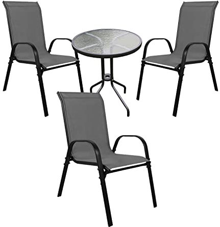 Mojawo® Bistrogarnitur 4-teilig Bistrotisch Glas/Metall Rund Ø 60 H70cm Anthrazit + 3 Stapelsessel Metall/Textilen Schwarz/Anthrazit