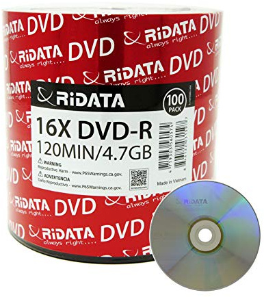 100 Pack Ridata DVD-R 16X 4.7GB 120 Min Silver Logo Top Blank Data Video Media Recordable Disc