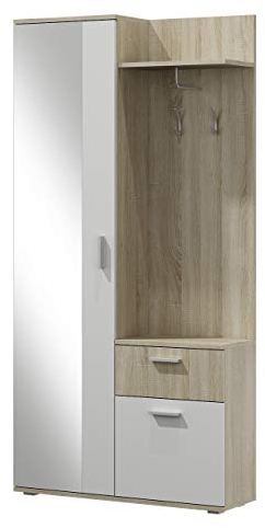 Mirjan24 Garderoben-Set Epic, praktische Wandgarderobe mit 2 Kleiderhaken, Schrank und Schuhschrank geeignet als Flurgarderobe (Sonoma/Weiß)