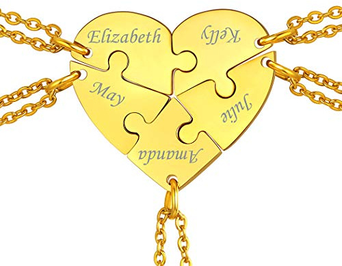 Suplight Freundschaftsketten personalisiert Namensketten 18k vergoldet/Edelstahl 2/3/4/5/6 teilige Herz Puzzle mit 46+5cm/1,5mm Rolokette Gravur für Damen Herren mit Geschenkbox