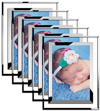 AHUNTTER 5 Pack 6x4 Inches Glass Photo Frames Mirrored Picture Frames Tabletop Display Portrait Landscape Frames Gifts - Silver