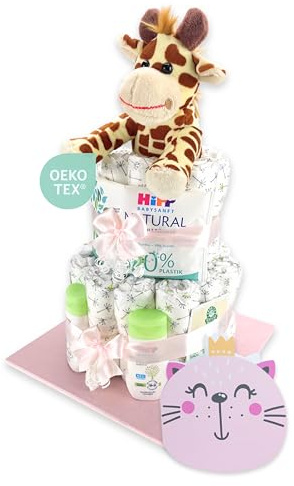 Windeltorte – Giraffe Gross | Torta di pannolini in blu - Rosa e neutro - Pannolini LILLYDOO | Regalo per nascita | Regalo per battesimo | baby shower - Regalo fatto a mano (rosa/ragazza) a 2 piani