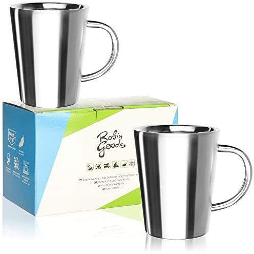 Robin Goods 2 tazas de acero inoxidable 350 ml cada una - taza térmica irrompible para beber - taza con aislamiento de doble pared (02 piezas - mate)