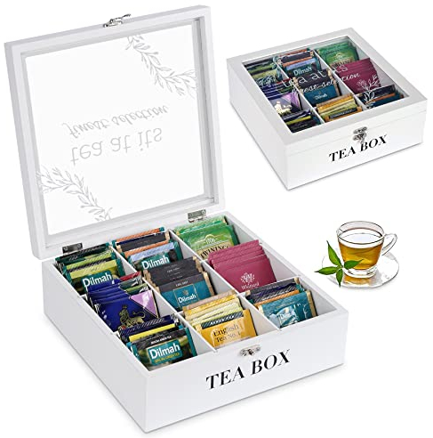 Optyuwah Scatola da tè, in legno, con 9 scomparti divisori, per bustine da tè, zucchero, caffè, contenitore con finestrella in vetro