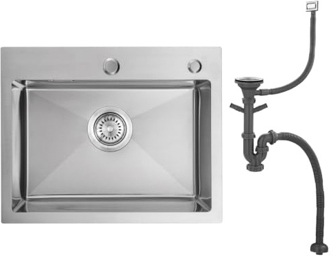 OUGOO Évier Cuisine 1 Bac 50 x 40 cm, Évier de Cuisine Fait à la Main avec Siphon, Trop-Plein, Acier Inoxydable Brossé
