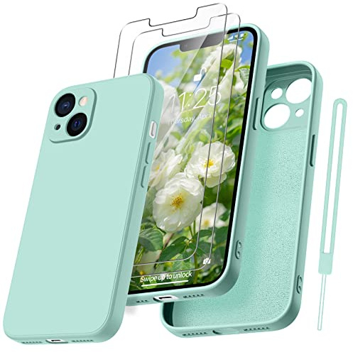 Qasyfanc Coque Protection Caméra pour iPhone 13 avec 2 Pièces Verre Trempé, Housse de Protection Silicone Antichoc Doublure Microfibre Douce Ultra Fine Coque iPhone 13 6.1 - Vert Menthe