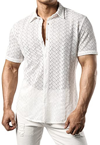 JOGAL Herren Hemd Transparent Kurzarm Freizeithemd Männer Spitzenhemd Sommer Lässig Lace Shirt Outfit Weiß L