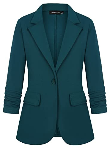 Womens Blazer Ruched 3/4 Sleeve Lapel Work Button Jacket (Dark Green-S)