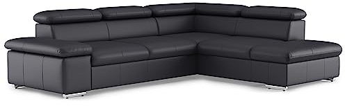 CAVADORE Leder-Schlafsofa Valerie mit Ottomane / Eckcouch mit Schlaffunktion + Kopfteilverstellung / 272 x 73 x 226 / Echtleder Schwarz