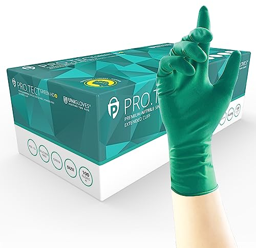 UNIGLOVES PRO.TECT Green HD+ Gants jetables en nitrile avec manchette allongée - Ultra résistants, usage unique, multi-usages, sans poudre, boîte de 100 gants, vert, taille XL (GA0095).