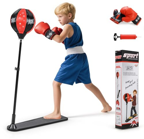 GYMAX Punching Bag Set for Kids, Gift Box Included, Height Adjustable Toddler Boxing Bag with Stand, Boxing Gloves and Air Pump for 3+, Ideal Christmas Birthday Gift for Boys and Girls