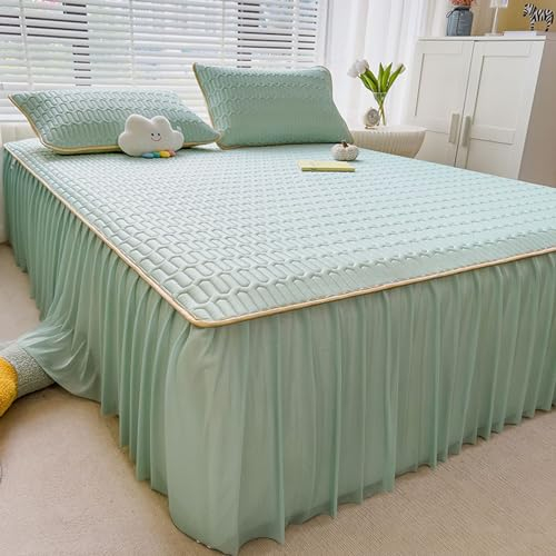 ZYFAB Latex Bettrock Eisseide Quaste Rüschen Bettbezug rutschfest Spitze Tagesdecken mit Riemen Bettvorleger Umwickelung Bettlaken maschinenwaschbar,F,200x220cm