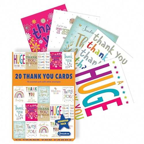 Piccadilly Greetings Tarjetas de agradecimiento surtidas, paquete de 20, 5 x 7 pulgadas, 10 diseños coloridos únicos con sobres blancos, adecuadas para todas las edades y géneros