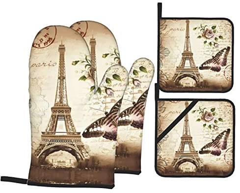 YYHHAOFA Vintage Paris Eiffelturm Schmetterling Drucke Küche Backen Vierteiliges Set - Isolierter Ofenhandschuh und Topflappen für dicken und langlebigen Verbrühschutz
