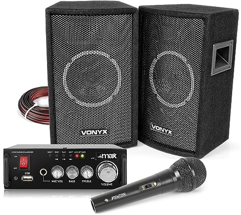 VONYX SL6 Home Karaoke Speaker System Set with Wired Microphone, Bluetooth Amplifier DJ Speakers PA Kit for Parties, Karaoke Singing & Home Entertainment