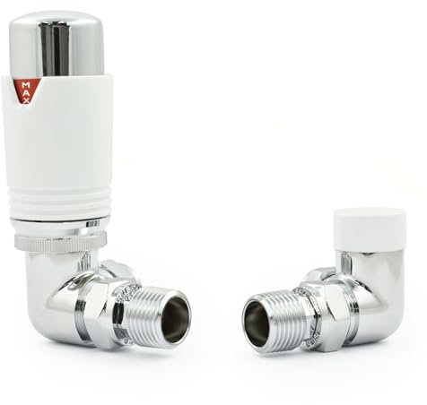 Hot Flow Chrome & White Estuary Corner TRV Thermostatic Radiator Valve (Pair) Includes Corner TRV Body, Wheel Head, Lock Shield. for Quick & Easy Temperature Control.