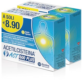 ACETILCISTEINA ACT PLUS NAC 600 Integratore Alimentare, 2x12 Bustine | Bustine Effervescenti, Per Supportare la Salute Respiratoria con N-Acetilcisteina, Bromelina, Vitamina C, Zinco e Malva