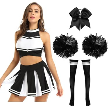 Alvivi Cheer Leader Kostüm Damen Cheerleading Uniform 5tlg.Crop Tops + Rock + Socken Pompoms Haarband Halloween Karneval Fasching Kostüm Schwarz L